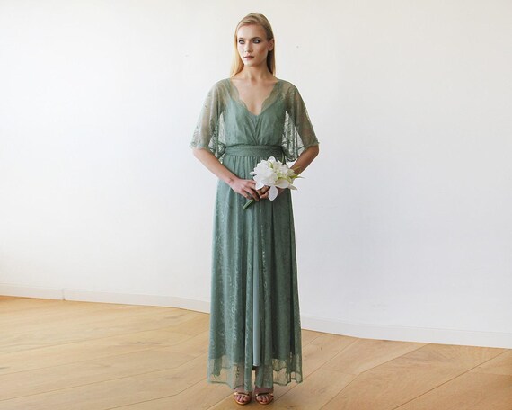  Sage  green  sheer lace maxi dress  Maxi lace gown with bat