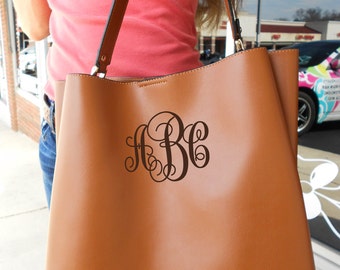 SALE NEW!! MONOGRAMMED Brown Vegan Leather Purse Tote (2nd herringbone bag 12" x 8" with strap) (Font Shown: Interlocking in Brown)