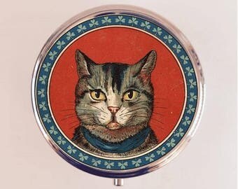 Cat Illustration Pill Box Case Pillbox Holder Trinket Stash Box Retro Cats Head Illustration Kawaii