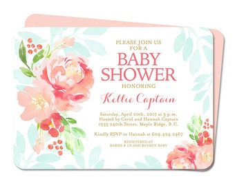 Baby Shower Invitation Baby Girl Shower Invite Watercolor Peonies Coral Peach Blush Pink Mint Aqua Gold