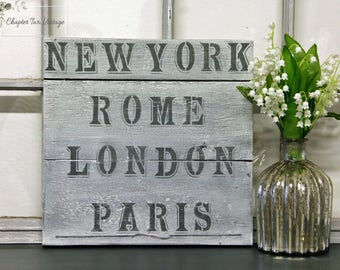 Reclaimed Wood Sign, Hand Painted Wood Sign, New York, Rome, London, Paris Wood Sign