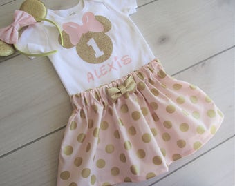 1st Birthday Minnie Mouse Set/Pink and Gold Theme/3pc with Ears/ 3 pc Skirt Set