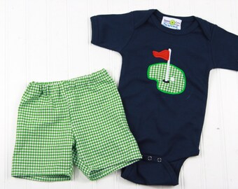 Baby Boy Clothes - Baby Golf Shirt - Baby Shower Gift - Summer Baby Outfit - Green Gingham Shorts - Boys Golfing Outfit - New Baby Boy Gift