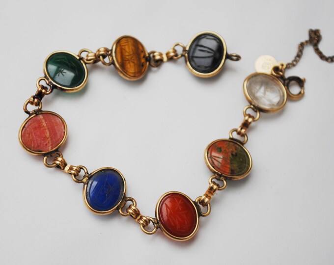 Egyptian Revival Scarab Link Bracelet Gemstones - Signed Uncas - 1/20 12 kt Gold filled