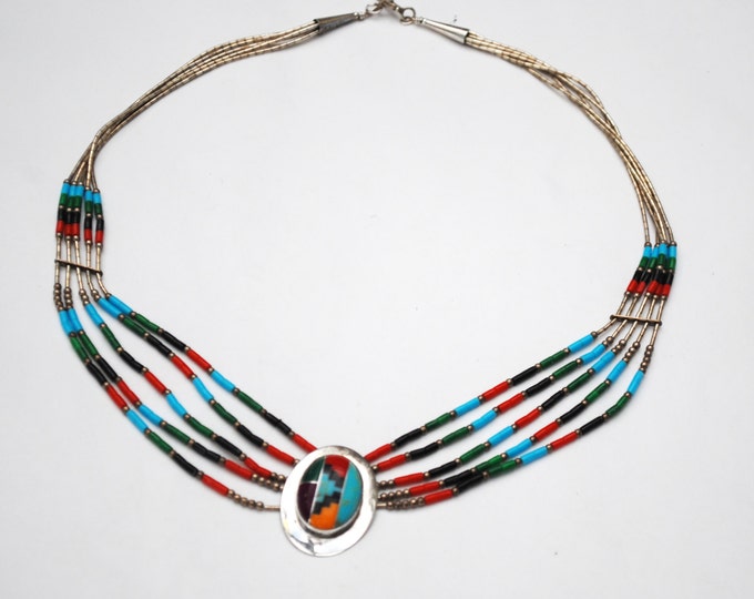 Sterling Inlay pendant Necklace - Southwestern - multi strand- blue black red and green bead