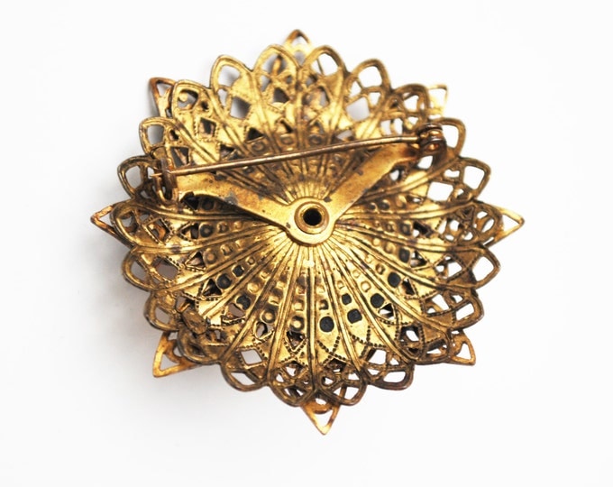 Gold Amber Flower brooch - Amber citrine Orange Glass - Brass Filigree Pin