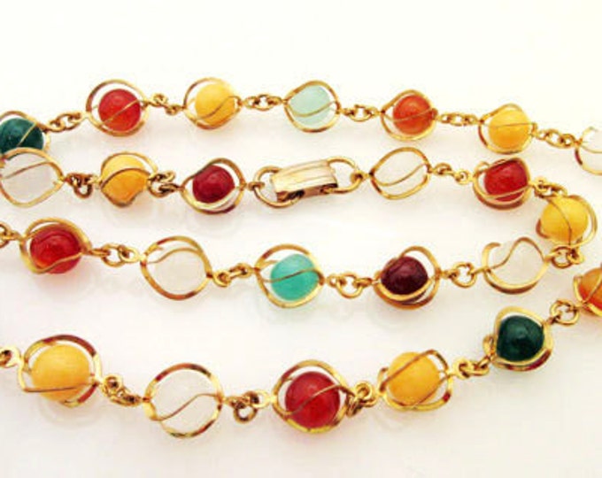 Gemstone Bead Necklace - Caged gold tone metal - polished quartz jasper carnelian and Agate beads