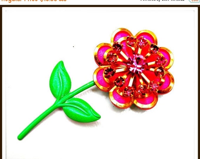 Pink Flower Brooch - Enamel flower - Rhinestone - floral Pin