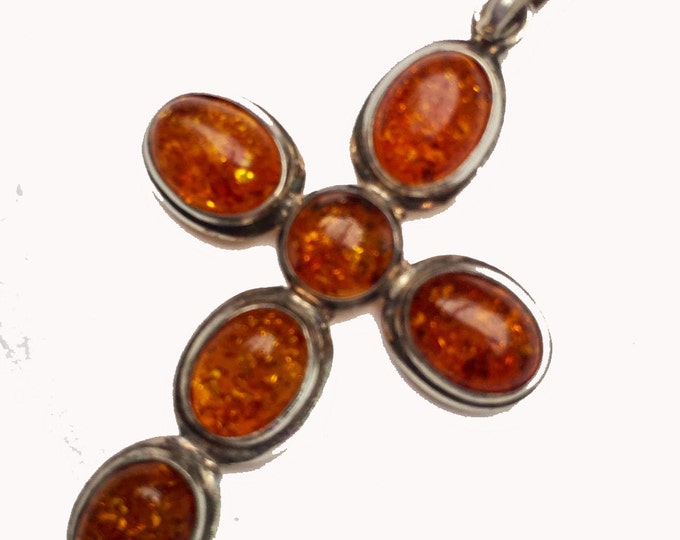 Sterling Amber Cross Pendant - orange yellow gemstone - 925 Sterling silver