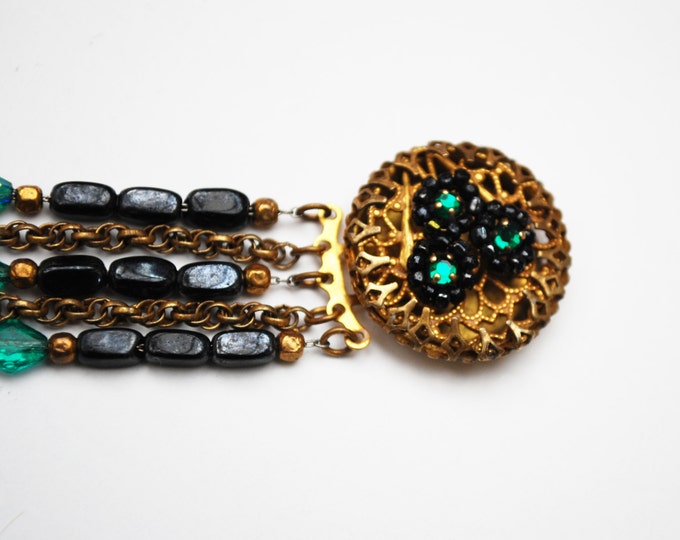 Multi strand Bead bracelet - Ornate gold filigree clasp -black green glass bead - Rhinestone - Haskell like