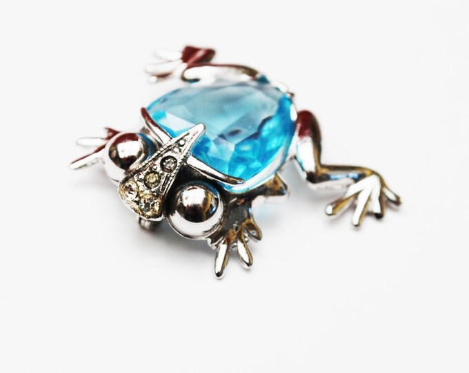 Sterling Blue Glass Frog Brooch - Silver - Crystal figurine pin