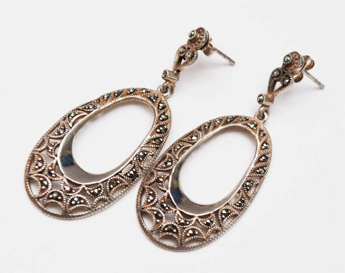 Sterling Marcasite dangle earrings - Silver filigree oval - pierced drop earrings - Victorian revival - gift for her