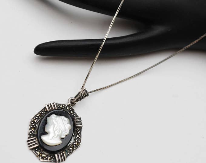 Cameo necklace - Sterling Silver Marcasite - White Mother of Pearl - black Onyx - Women profile