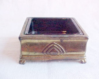 Vintage Jennings Brothers Glass Lined Box - Art Deco Desk Accessory - Bronze Finish on Metal - Original Teal Green Glass Insert - JB 3471 -