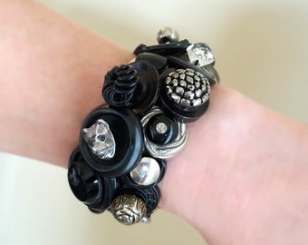 One of a Kind Antique Button Bracelet / Chunky Black Button Cuff Stretch Bracelet / Button Bracelet with 45 Rare Buttons / Mourning Jewelry