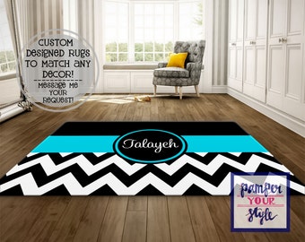 Personalized Area Rug - Black and Aqua Chevron Custom Rug