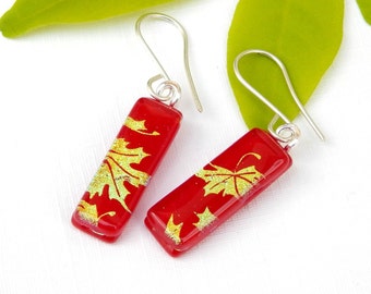 Scarlett and Gold Dichroic Glass Dangle Earrings on 925 Sterling Silver Earwires, Fused Glass Jewelry, Long Slim Drop Earrings