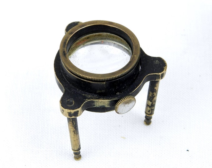 Rare Antique Brass 3 Legged Printers Loupe with Original Wooden Box from France, Magnifying Glass, Magnifier, Printing, Typesetter, Graphic