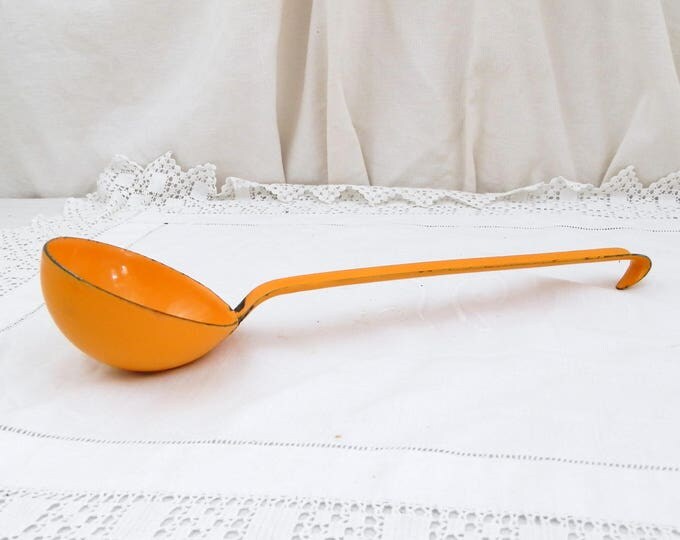 Vintage French Orange Chippy Enamelware Ladle, French Country Decor, French Kitchen, Cooking Utensil, Retro Home Interior, Kitchen Decor