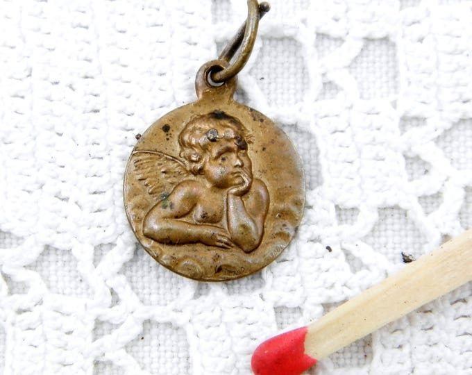 Small Antique French Brass Religious Medal of Angel, Cherub, Religion, Christian Jewelry, Catholic, Rosary, Shabby, Good Luck, Charm Small Antique French Brass Religious Medal of Angel, Cherub, Religion, Christian Jewelry, Catholic, Rosary, Shabby, Good Luck, Charm