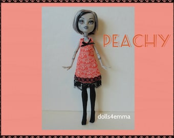 SALE = Monster High Doll Clothes - PEACHY Dress and Black Stockings - Handmade by dolls4emma