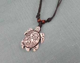 White Turtle Necklace - Coqui Tribal Frog and Taino Sun Symbols - Turtle Pendant