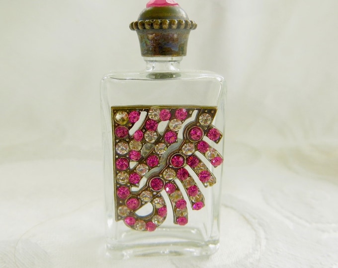 Rhinestone Perfume Bottle, Pink Crystal Rhinestones, Vintage Vanity Bottle Pink, Jeweled Perfume Jar