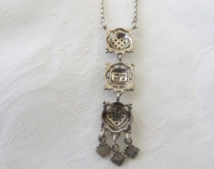 Art Deco Necklace, Sterling Marcasite Dangle Pendant, 16 Inch Chain, Vintage Jewelry