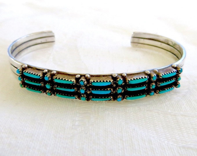 Zuni Petit Point Bracelet, Sterling Snake Eyes Cuff, Vintage Native American Turquoise Jewelry