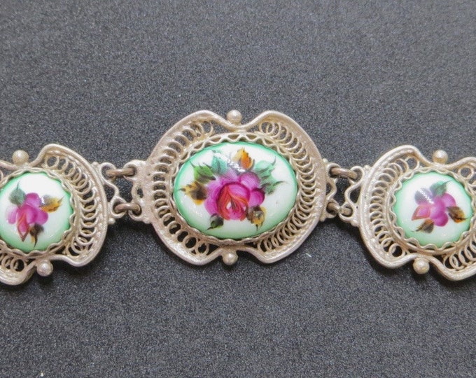 Vintage Silver Cannetille and Porcelain Bracelet, Roses and Leaves, Garden Wedding Bracelet