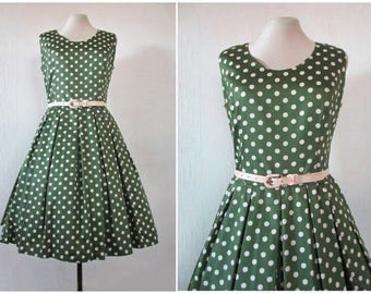 1950s Dress 50s Olive Green Cream Polka Dot Dress 1960s Pleated Dress 60s Drop Waist Dress Cotton Sateen with Belt M / L
