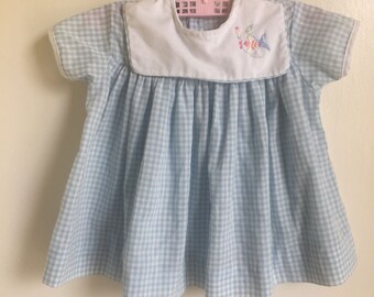 VTG Baby Girl Dress Blue White Gingham Sz 6-12M Fish