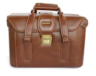 Vintage Large Brown Camera Bag Faux Leather Carrying Case Two Handles