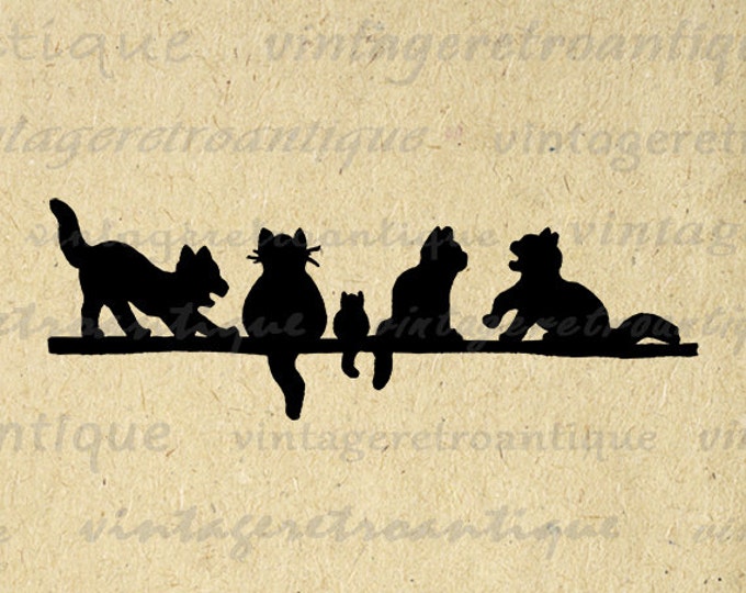 Cat Silhouettes Digital Printable Image Cats Download Graphic Illustration Antique Clip Art Jpg Png Eps HQ 300dpi No.2104