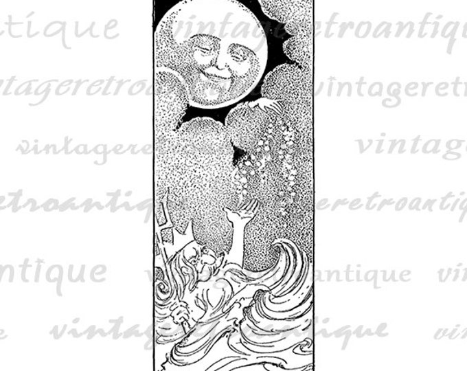 Printable Digital Poseidon and Moon Image Graphic Download Vintage Clip Art Jpg Png Eps HQ 300dpi No.1897