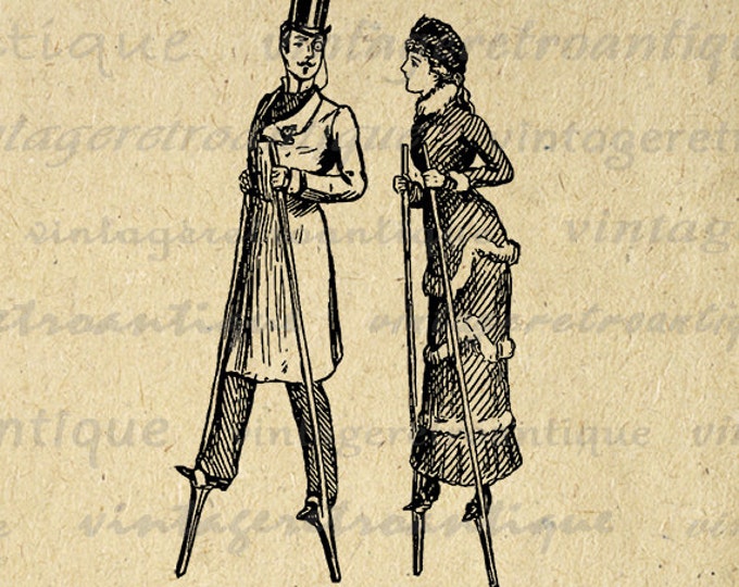 Antique Man and Woman on Stilts Digital Image Download Illustration Printable Graphic Artwork Vintage Clip Art HQ 300dpi No.1705