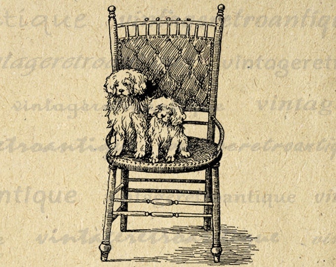 Printable Image Two Dogs on a Chair Digital Antique Graphic Download Vintage Clip Art Jpg Png Eps HQ 300dpi No.282