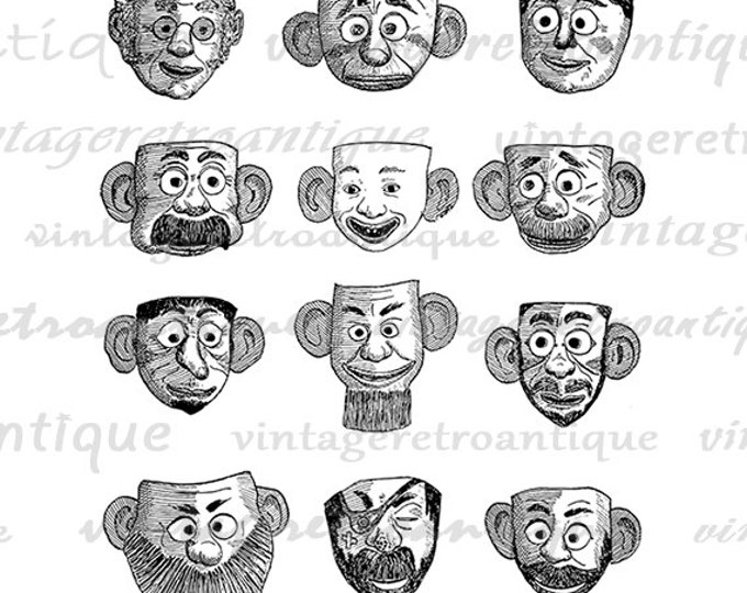 Printable Graphic Antique Faces Masks Digital Collage Sheet Download Classical Heads Image Vintage Clip Art HQ 300dpi No.1742