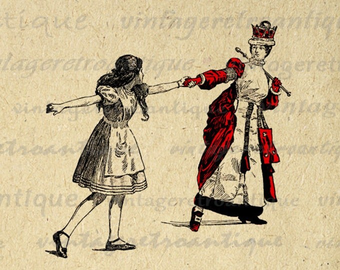 The Red Queen Pulling Alice Image Graphic Digital Alice in Wonderland Printable Download Antique Clip Art HQ 300dpi No.2497