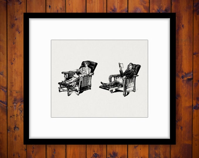 Printable Graphic Antique Man and Woman in Recliner Image Furniture Chair Download Digital Vintage Clip Art Jpg Png HQ 300dpi No.1219