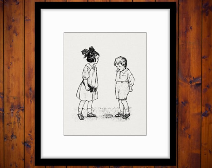 Digital Antique Boy and Girl Printable Image Old Fashioned Download Illustration Graphic Vintage Clip Art Jpg Png HQ 300dpi No.3199