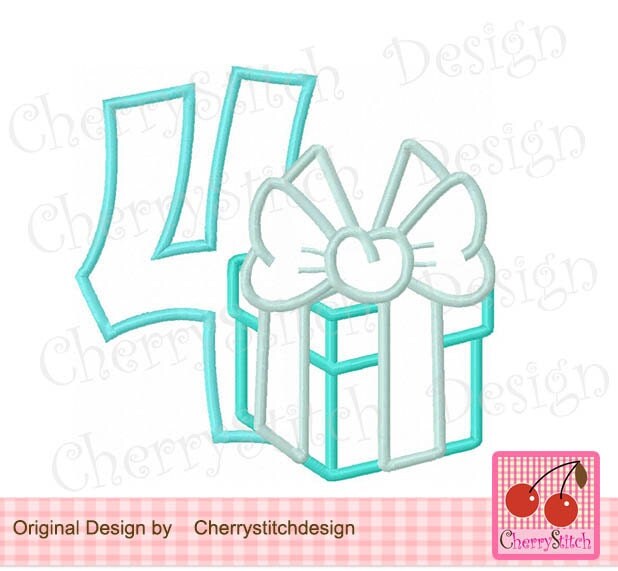 Number 4 with Gift Box Birthday Machine Embroidery Applique Design 4x4 5x5 6x6 inch from Number 4 with Gift Box Birthday Machine Embroidery Applique Design 4x4 5x5 6x6 inch from