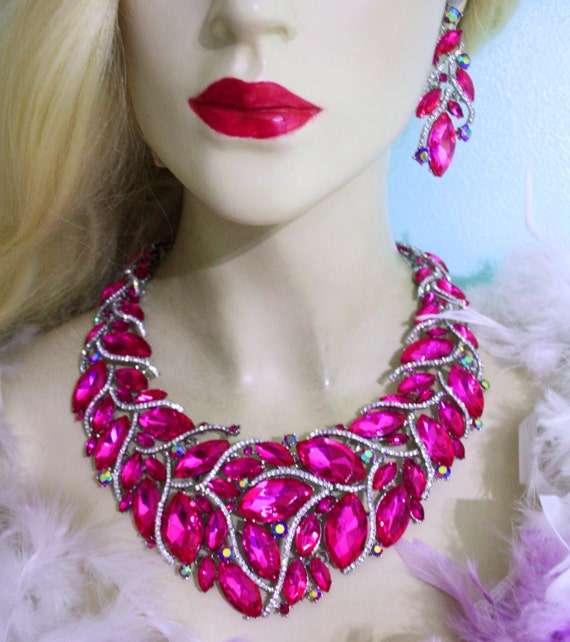 Drag Queen Rhinestone Necklace Earring Set Hot Pink Bridal