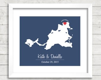 8x10 Saint Martin Love Map - Anse Marcel, Saint Martin - Caribbean - Destination/Beach Wedding - Eloped - Paper Anniversary - Mr and Mrs