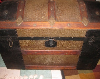 Local Pick Up DOME TOP TRUNK Steamer Trunk Wood And Metal The Metal Is A Hammered Leaf Design Trunk Is 34" Long 18 3/4" Wide 24 1/2" High