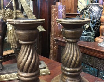 Antique Pair Candle Holder Indian Carved Pillar Candle Stands Holder Perfect Room Decor.