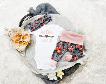 Baby Girl Coming Home Outfit: CHOOSE COMBO Pink Hello, World Bodysuit, Floral Print Shorties Shorts or Legging Pants, Headband