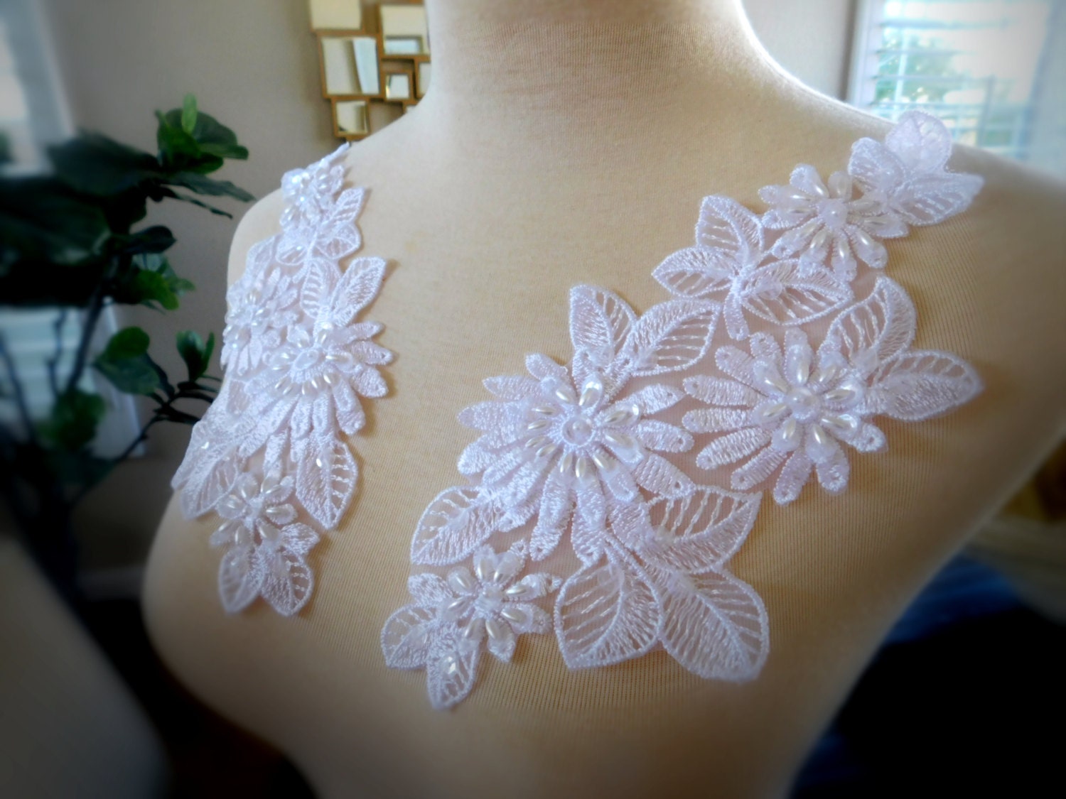 Set of White Beaded Lace Applique Applique Veil Applique