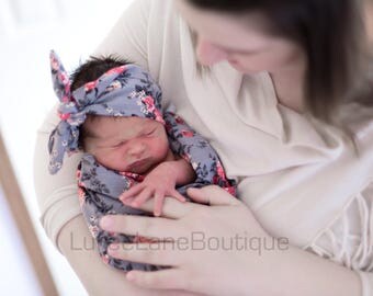 Gray floral swaddle set/ Baby girl swaddle set/ Baby shower gift/ Newborn swaddle set/ Headband swaddle set/ Baby headband/ Baby girl gift