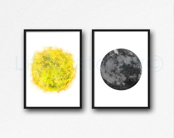 Sun and Moon Print Set of 2 Watercolor Prints Luna Minimalist Gray and Yellow Lunar Moon Art Home Decor 2 Sun and Moon Art Prints